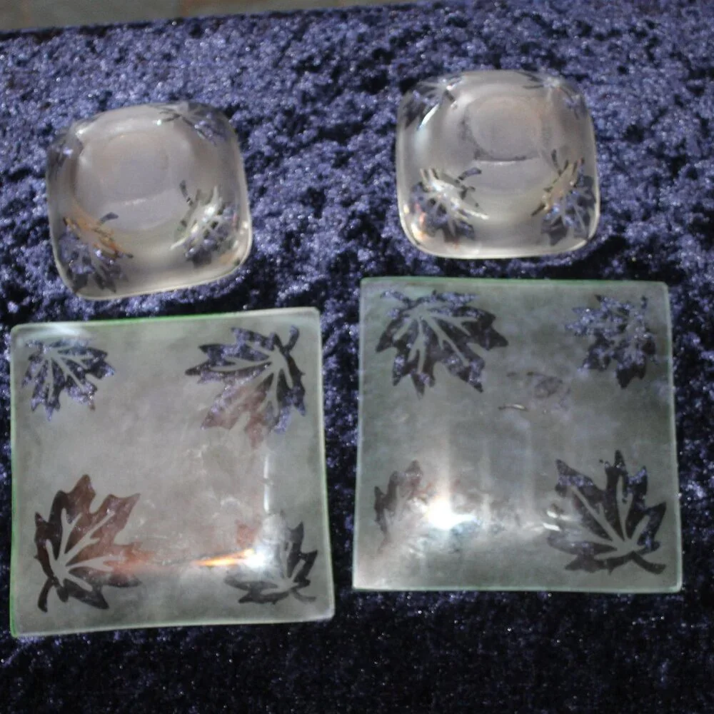 Frosted Glass Candle Holders, Leaf Pattern, Square Plates, and Votive Holders